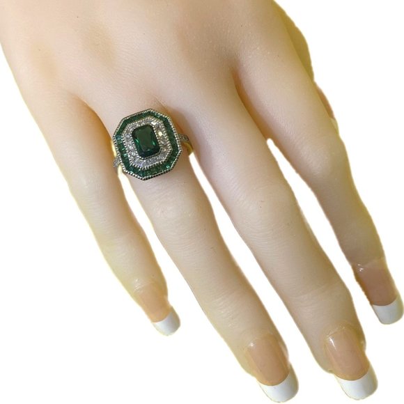 Art Deco FAUX Emerald & Diamond Ring - Size 5 thru 8 - Picture 4 of 9